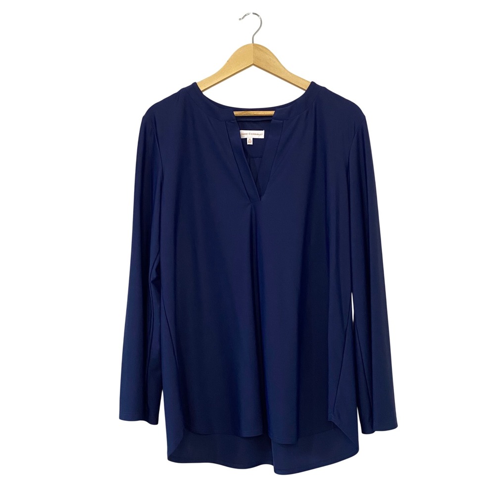 Jude Connally Navy Blue Jude Cloth Split V-Neck Long Sleeve Tunic Top XL USA
